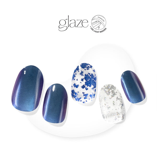 Dashing Diva GLAZE metallic and iridescent blue semi-cured gel nail strips with blue and silver foil accents