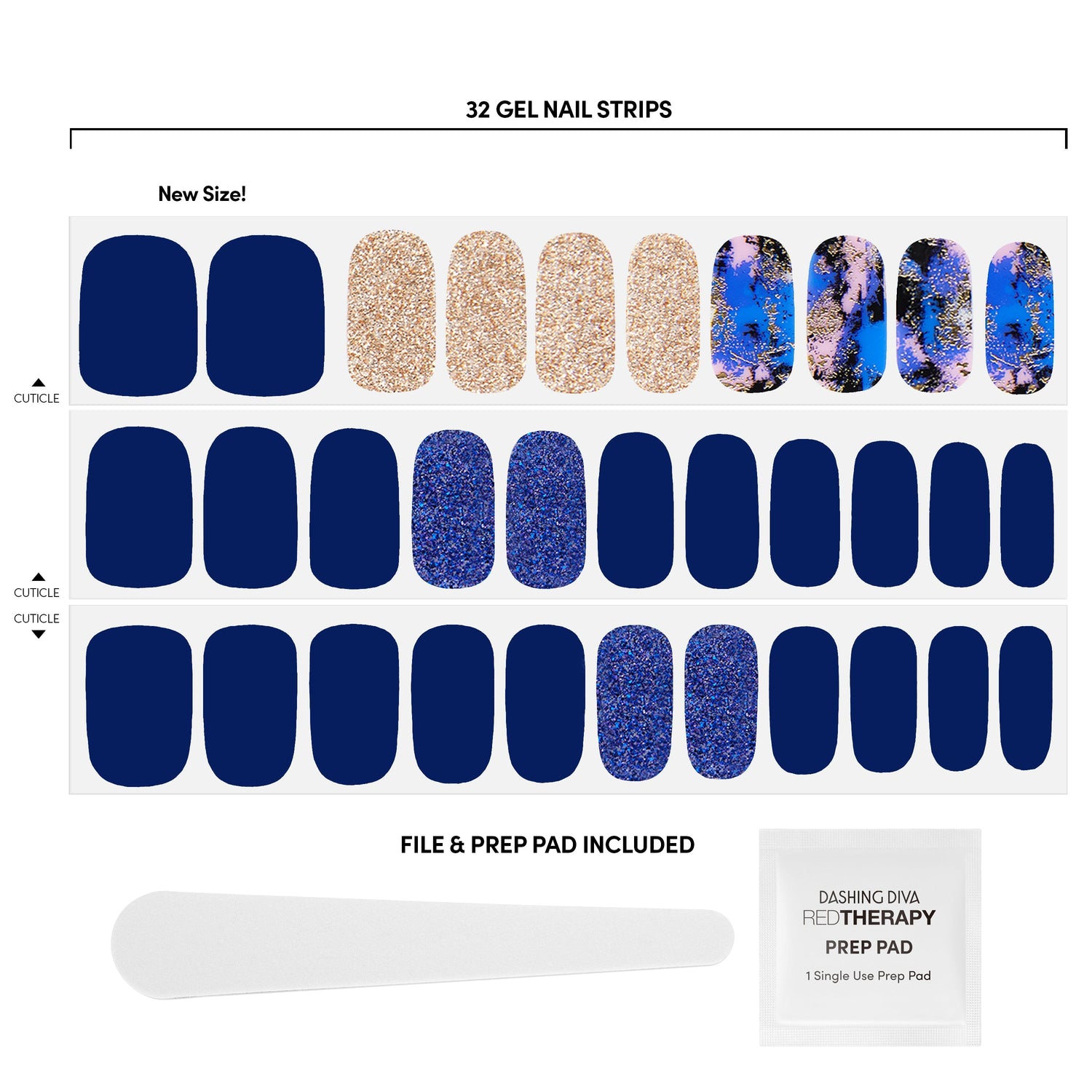 Navy blue gel nail strips, NAIL FILE, RED THERAPY PREP PAD