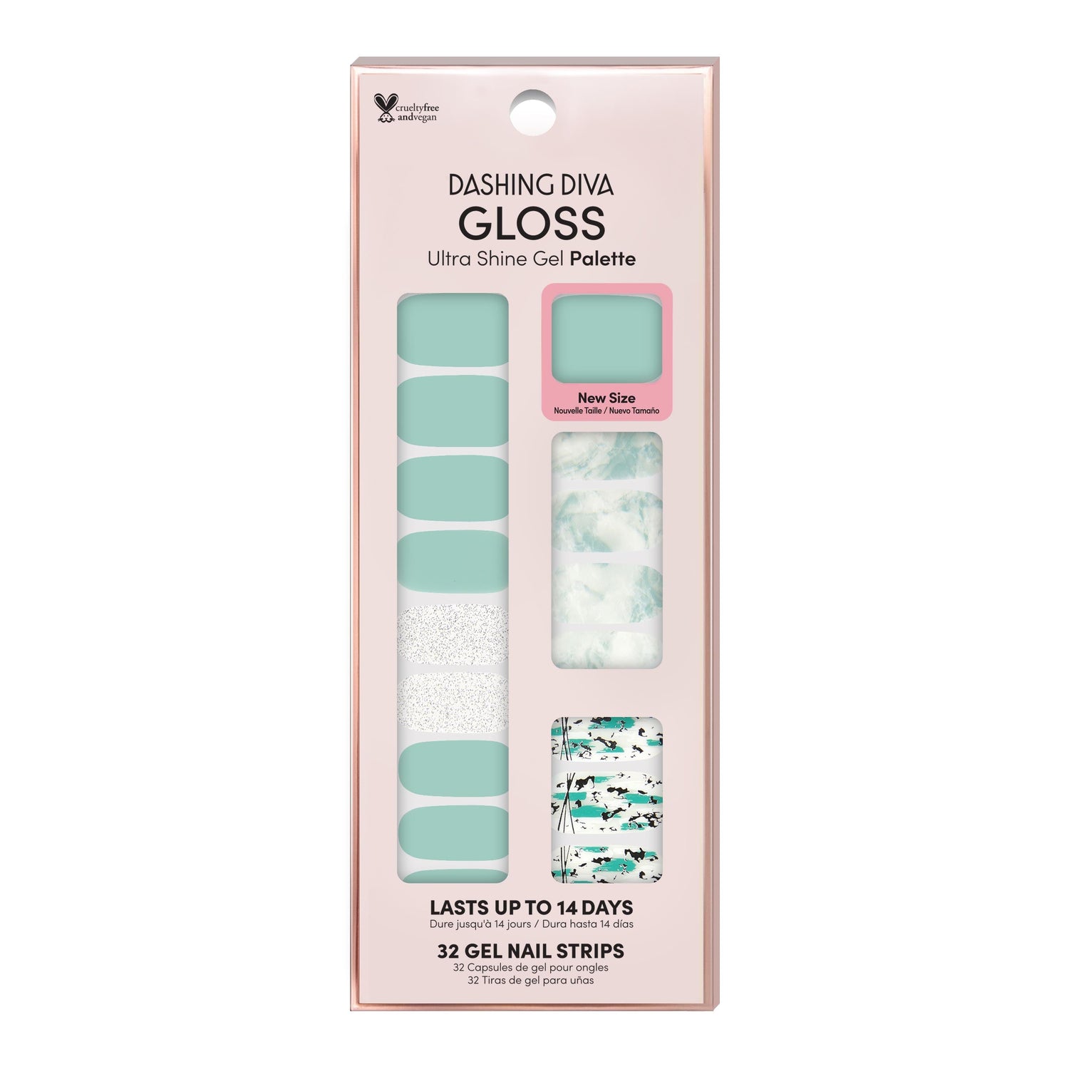 Dashing Diva GLOSS aqua gel nail strips with marble, glitter, and metallic accents.