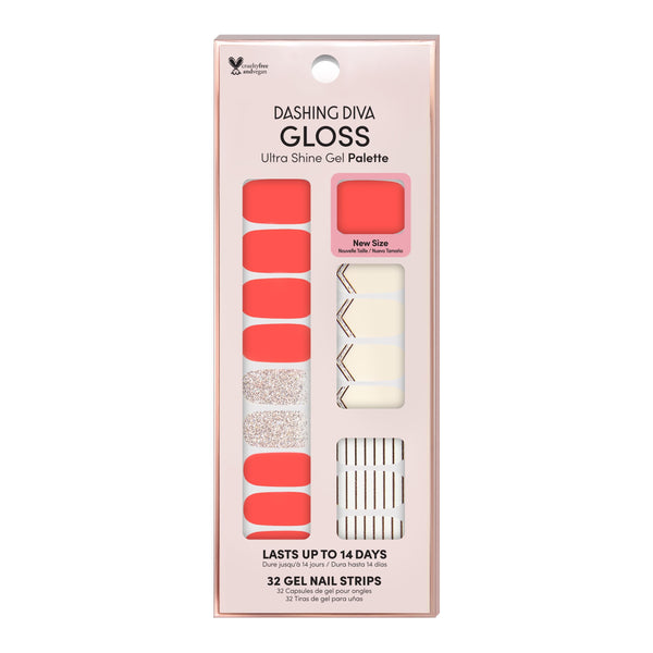Dashing Diva GLOSS coral gel nail strips with gold glitter and geometric line accents.
