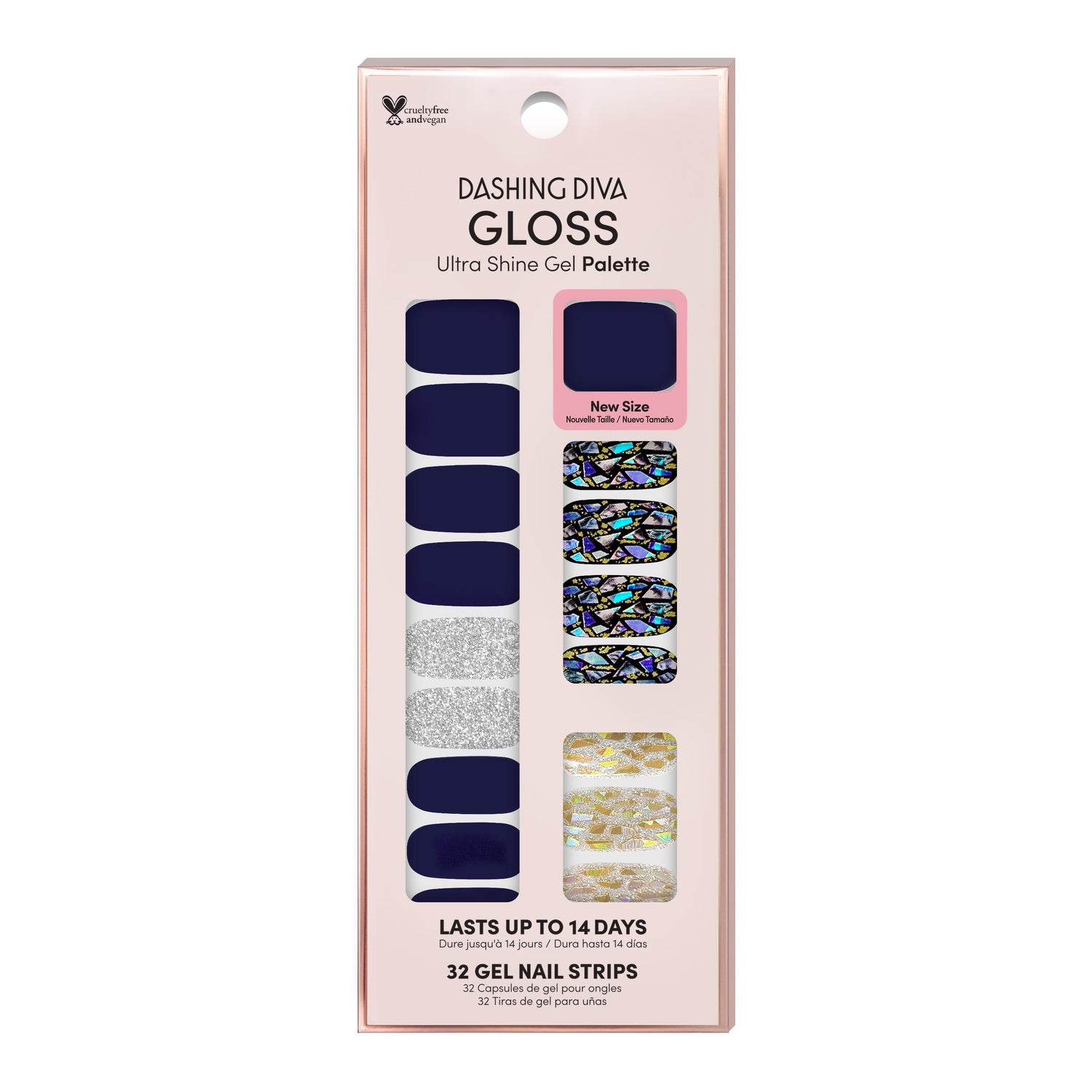 Dashing Diva GLOSS navy gel nail strips with holographic shattered glass and silver glitter accents.