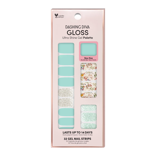 Dashing Diva GLOSS Spring green gel nail strips with floral and glitter accents.
