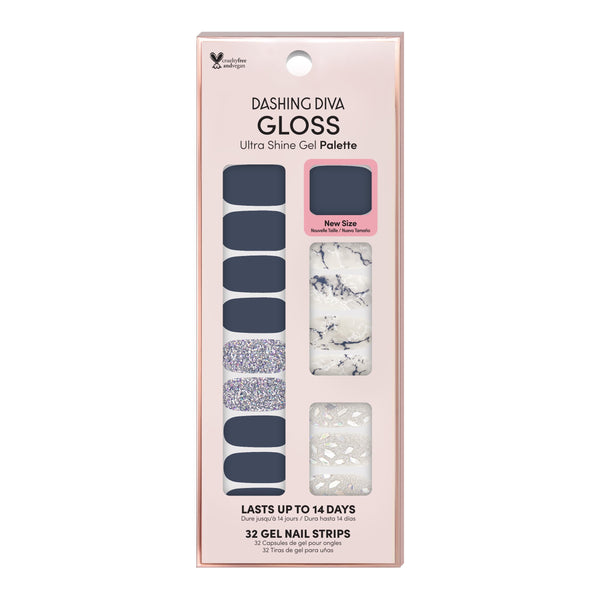 Dashing Diva GLOSS dark blue gel nail strips with marble and shattered glass accents.