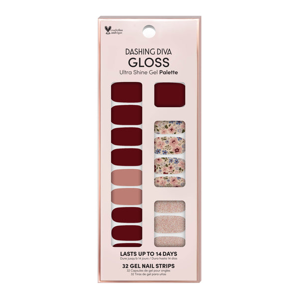 Dashing Diva GLOSS Fall burgundy gel nail strips with floral and glitter accent nails.
