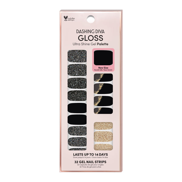 Dashing Diva GLOSS black gel nail strips with black and gold glitter and gold metallic accents.