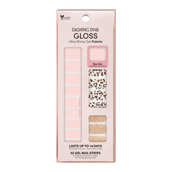 Dashing Diva GLOSS baby pink gel nail strips with cheetah print and gold glitter accents.