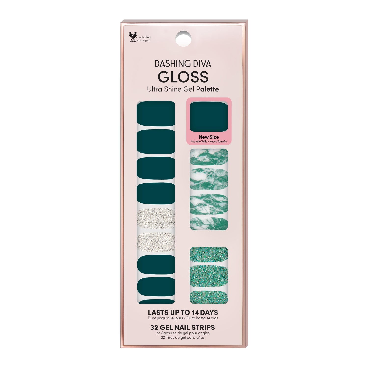 Dashing Diva GLOSS green gel nail strips with marble and silver and green glitter accents.
