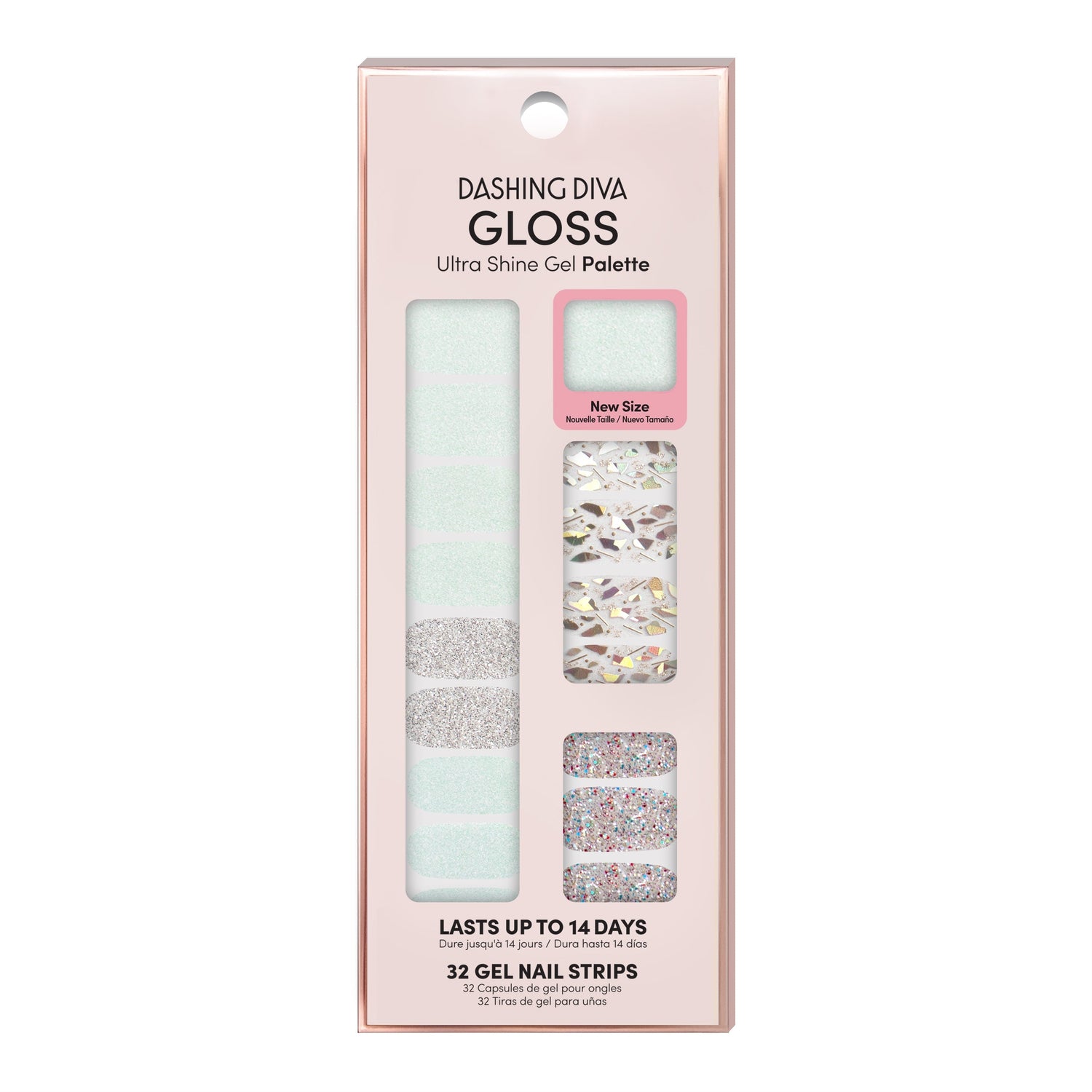 Dashing Diva GLOSS opal gel nail strips with silver glitter and shattered glass accents.