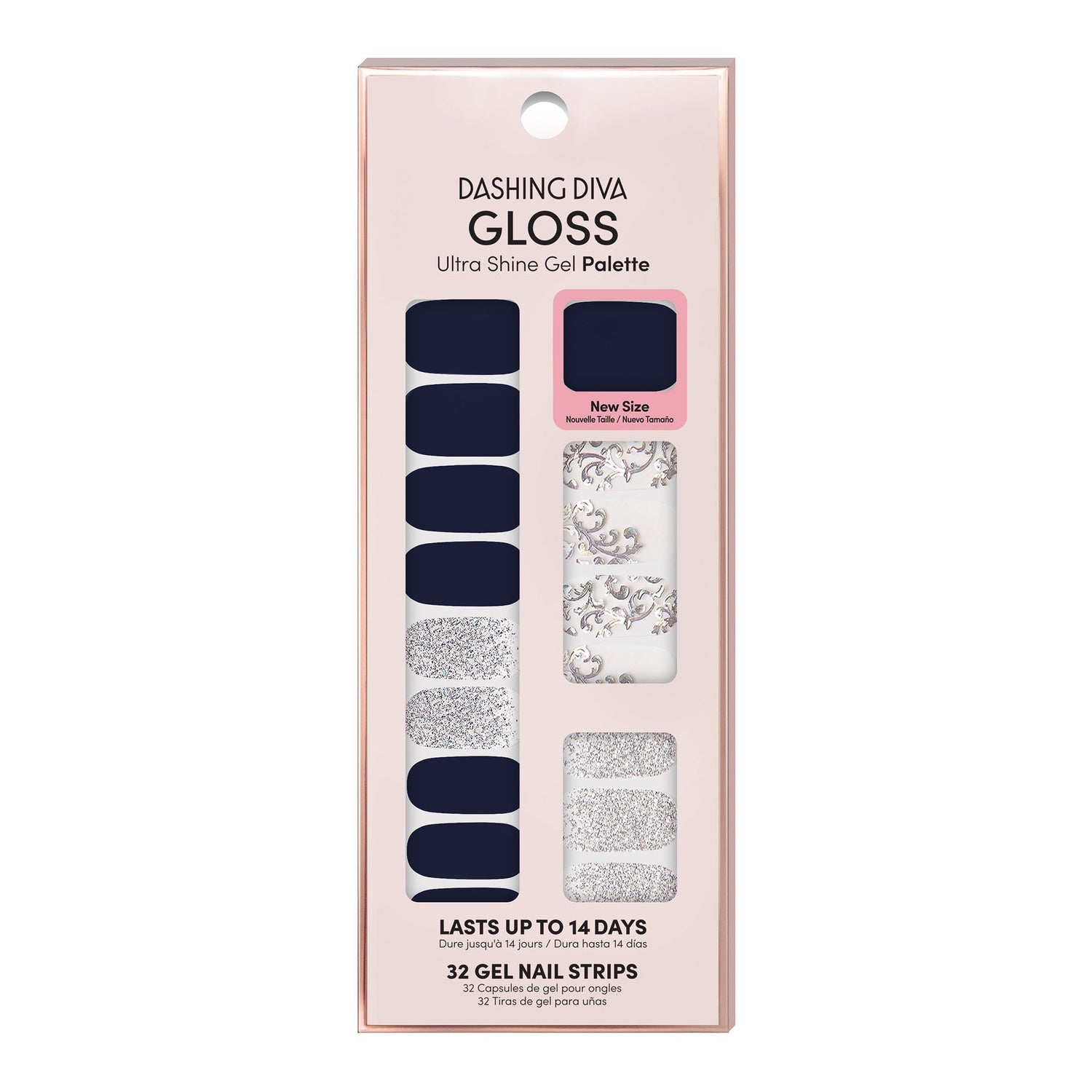 Dashing Diva GLOSS navy blue gel nail strips with silver glitter and demask accents.