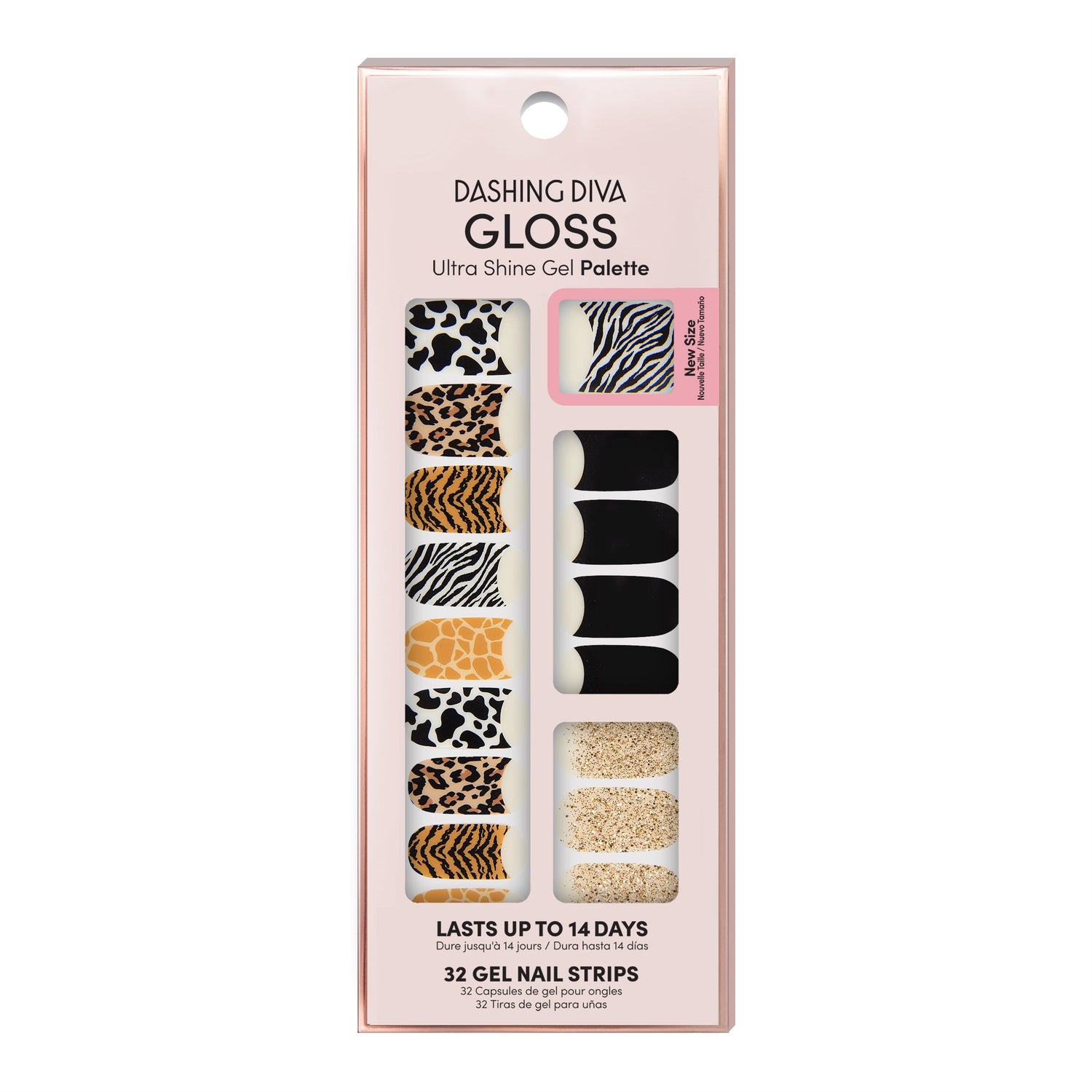 Dashing Diva GLOSS French tip animal print gel nail strips with gold glitter accents.