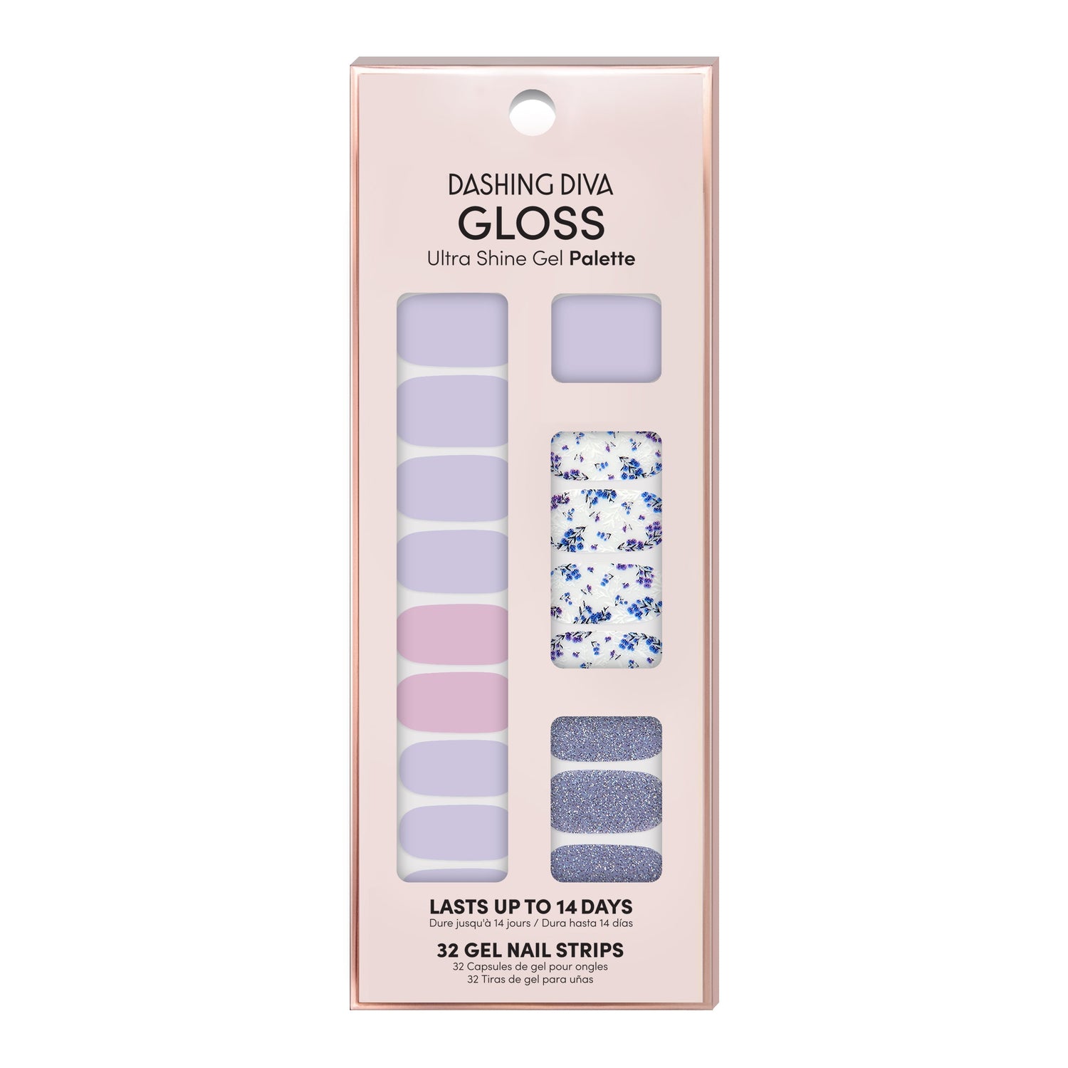 Dashing Diva GLOSS Spring and Easter blue gel nail strips with floral and blue glitter accents.
