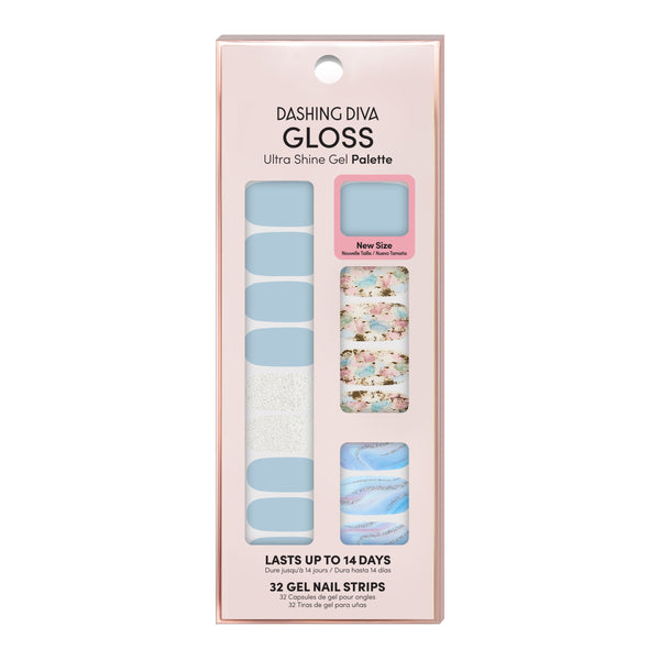 Dashing Diva GLOSS Palette baby blue gel nail strips with mosaic and silver glitter accents.