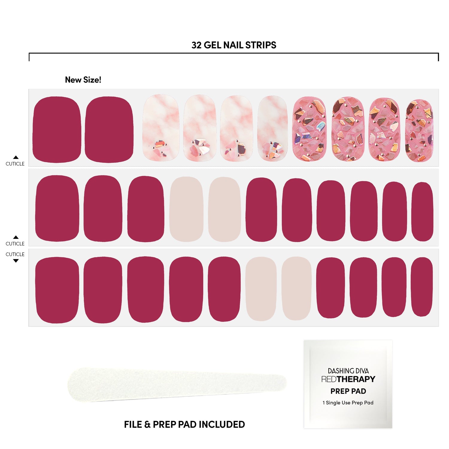  pink gel nail strips, NAIL FILE, RED THERAPY PREP PAD