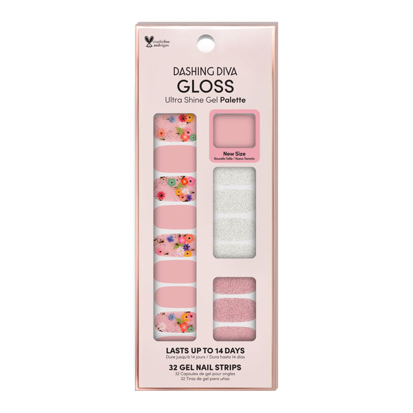 Dashing Diva GLOSS Spring baby pink gel nail strips with multi-color floral and glitter accents.
