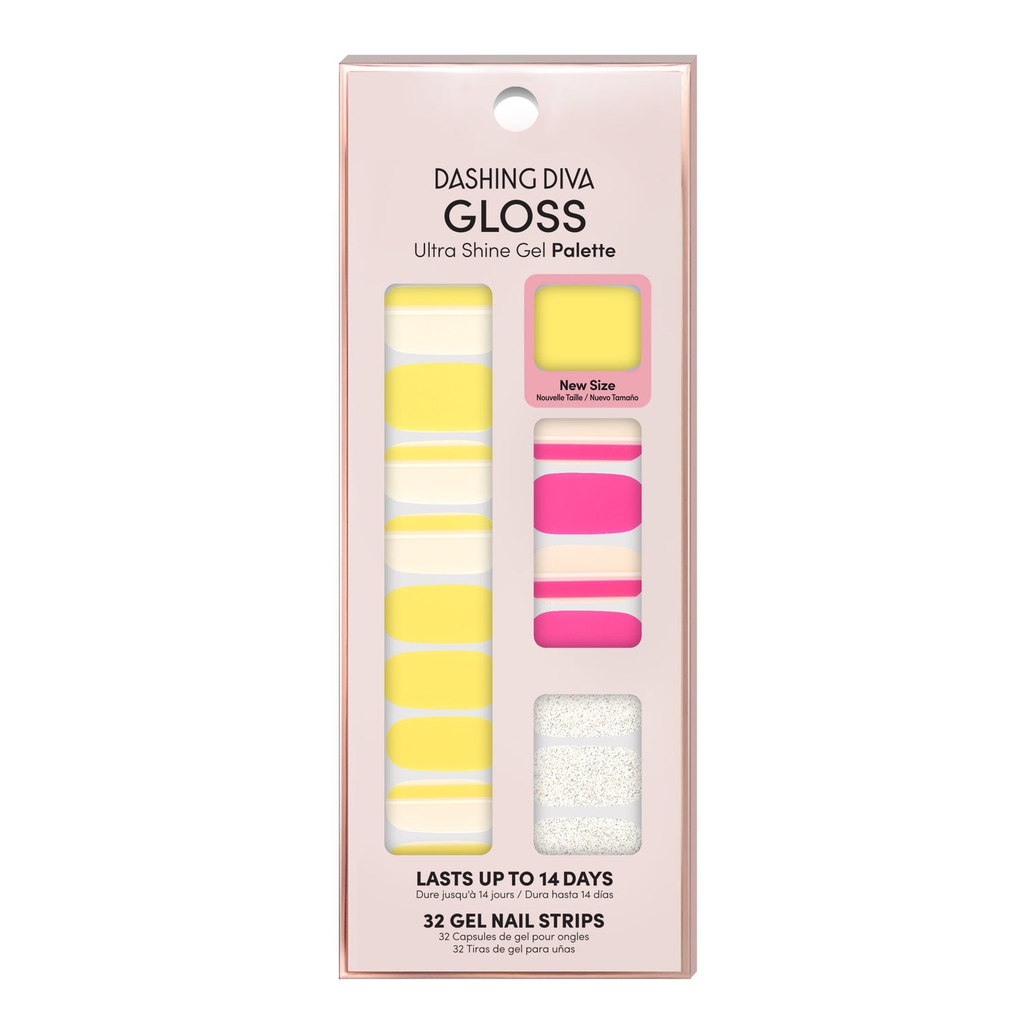 Dashing Diva GLOSS Summer yellow and pink color blocked gel nail strips with silver glitter accents.