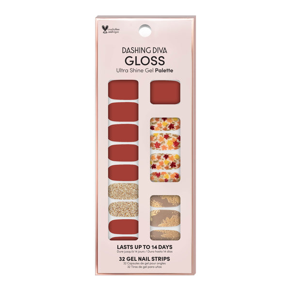 Dashing Diva GLOSS burnt orange Fall gel nail strips with gold glitter, metallic gold foil, and multicolor leaf accents.