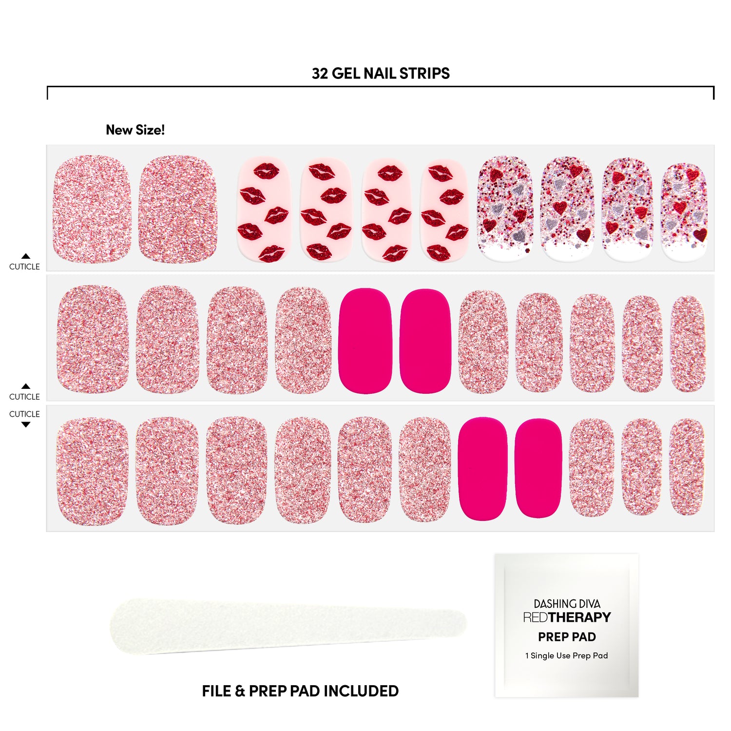 Multichromatic pink gel strips featuring glitter, lipstick kisses, and flirty confetti glitter. Included within package prep pad with nail file. 