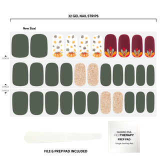 Deep green gel nails strips featuring falling leaves, pumpkins, turkey icons, and gold glitter accents with a glossy, high-shine finish.