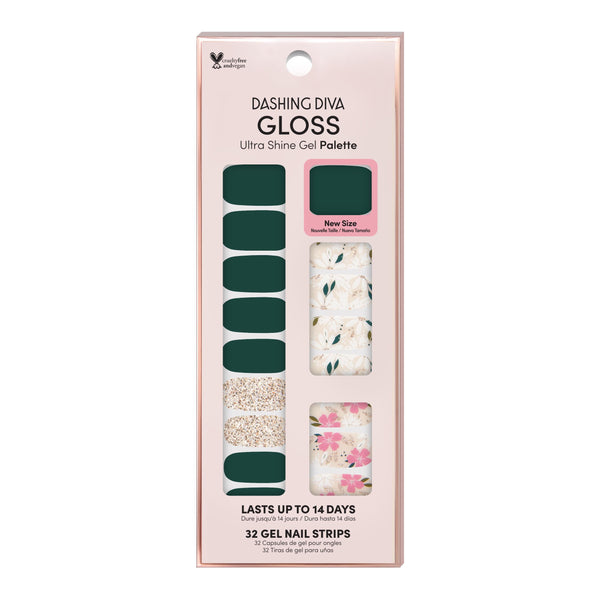 Dashing Diva GLOSS deep green gel nail strips with magnolia floral and glitter accents.