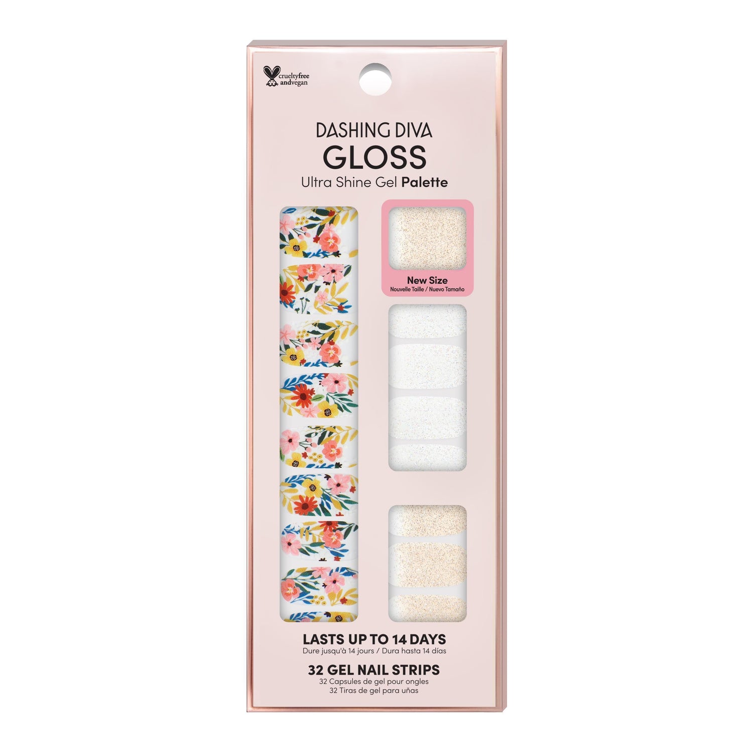 Dashing Diva GLOSS floral print gel nail strips with champagne and white glitter nail accents.