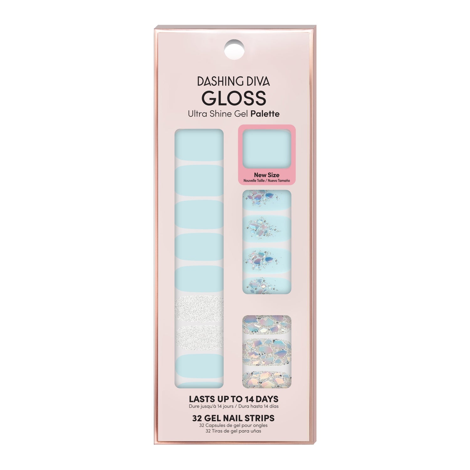Dashing Diva GLOSS baby blue gel nail strips with silver glitter and iridescent mosaic accents. 
