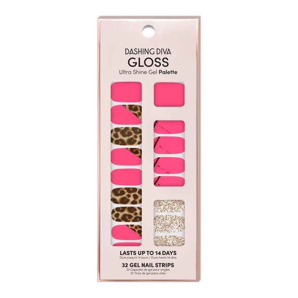 Dashing Diva GLOSS Palette Summer hot pink gel nail strips with cheetah print & glitter accents.