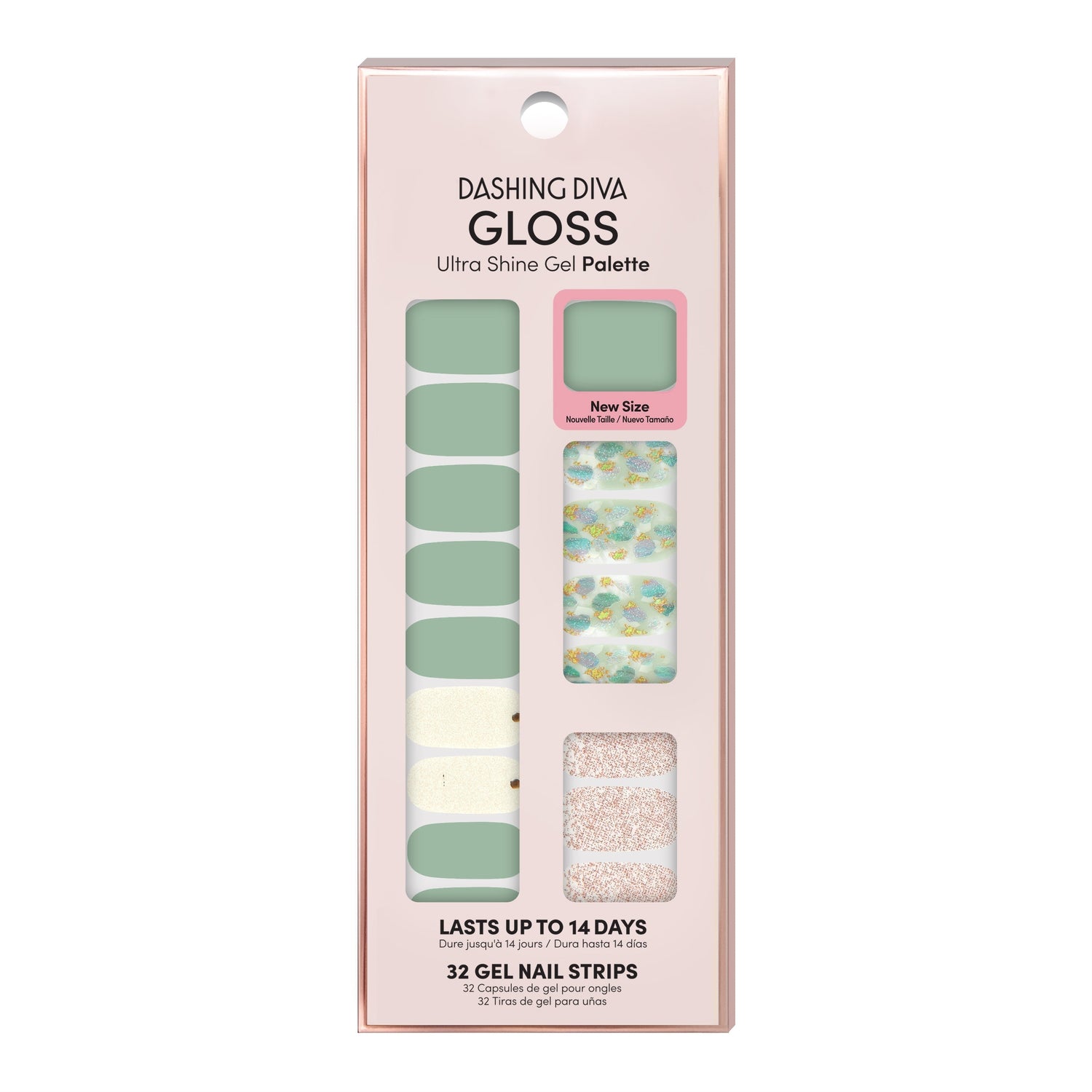 Dashing Diva GLOSS sage green gel nail strips with mosaic, glitter, and metallic accents.