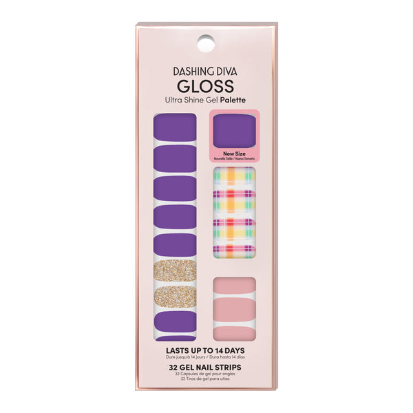 Dashing Diva GLOSS Spring Picnic purple plaid gel nail strips with gold glitter accents.