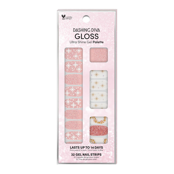 Dashing Diva GLOSS Palette baby pink glitter gel nail strips with white snowflake and gold star accents.