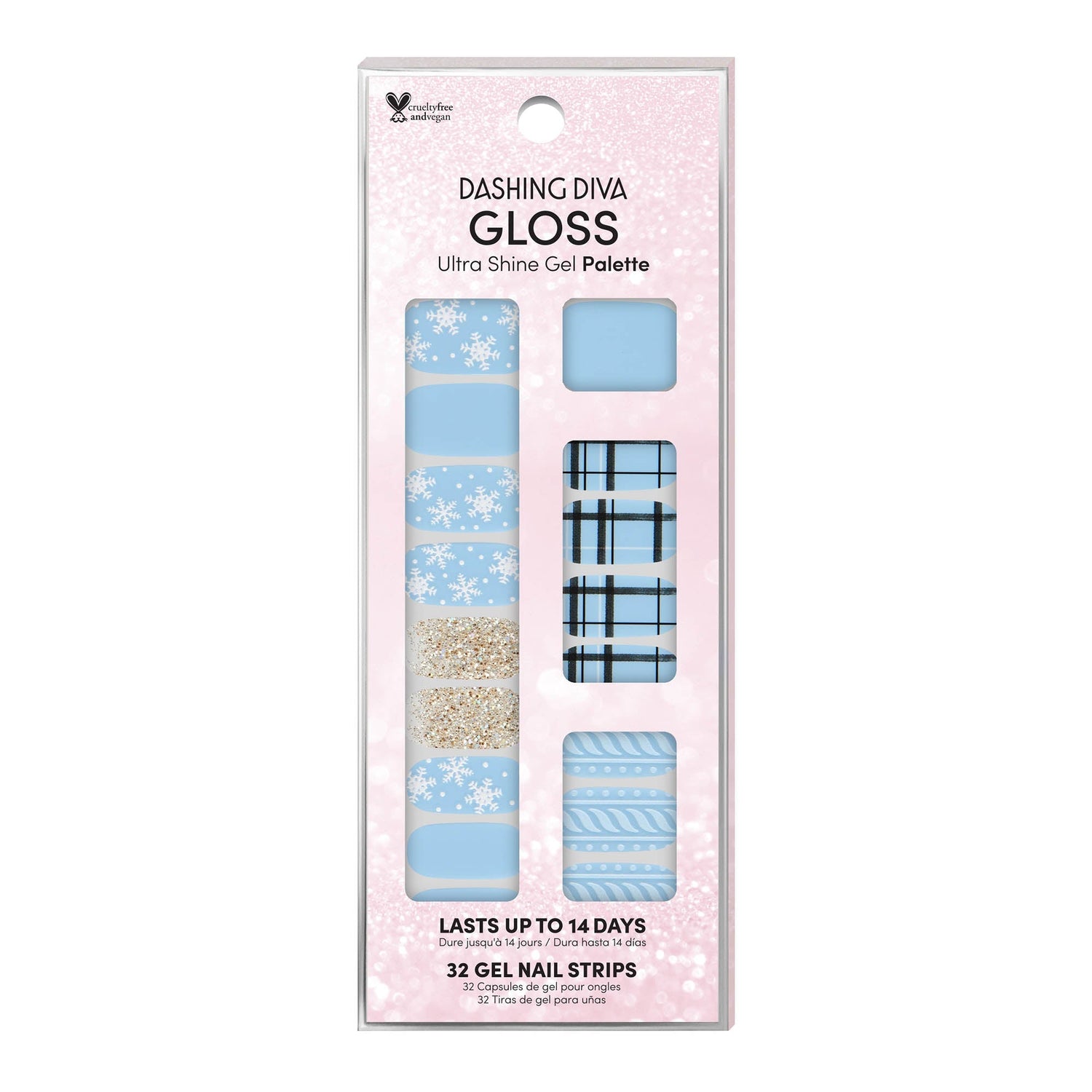 Dashing Diva GLOSS Palette baby blue gel nail strips with snowflakes, plaid, sweater print, and gold glitter accents.
