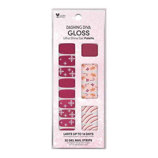 Dashing Diva GLOSS Palette cranberry red shimmer finish gel nail strips with snowflakes, gingerbreadmen, & wavy line accents.