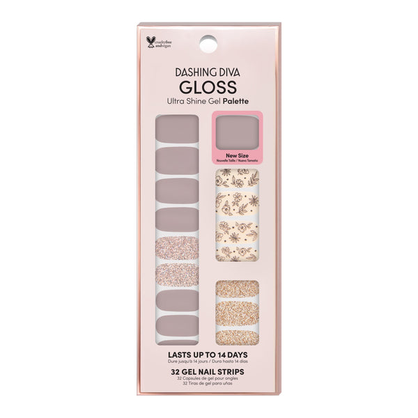 Dashing Diva GLOSS lavender gel nail strips with floral, rose gold, and champagne glitter accents.