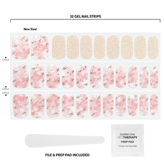 White & blush pink gel nail strips featuring gold glitter with a glossy, high-shine finish