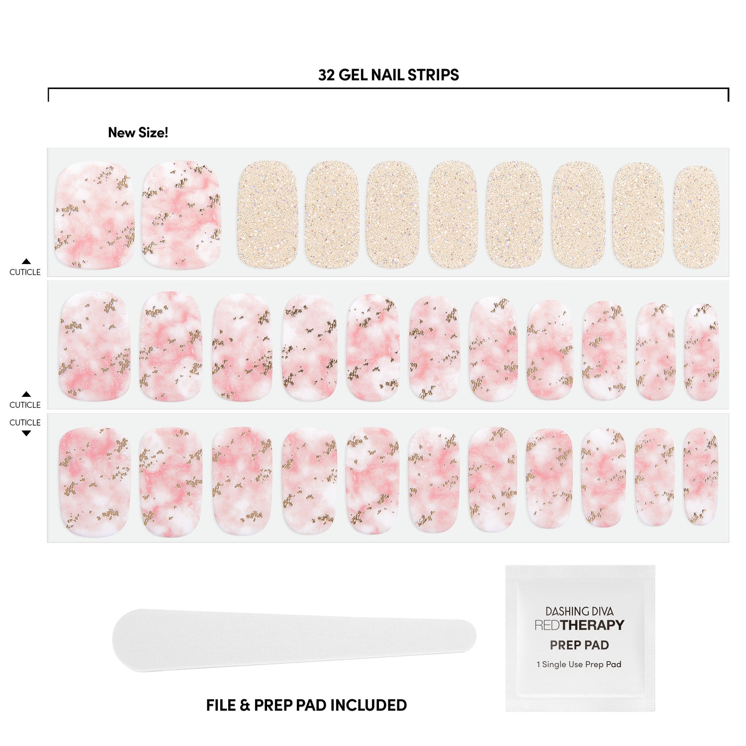 White & blush pink gel nail strips featuring gold glitter with a glossy, high-shine finish