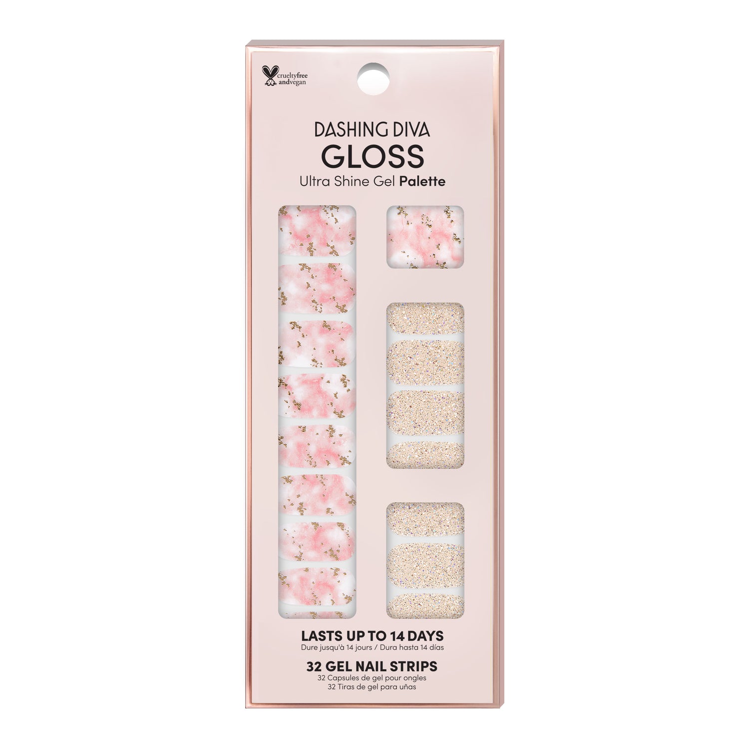 White & blush pink gel nail strips featuring gold glitter with a glossy, high-shine finish