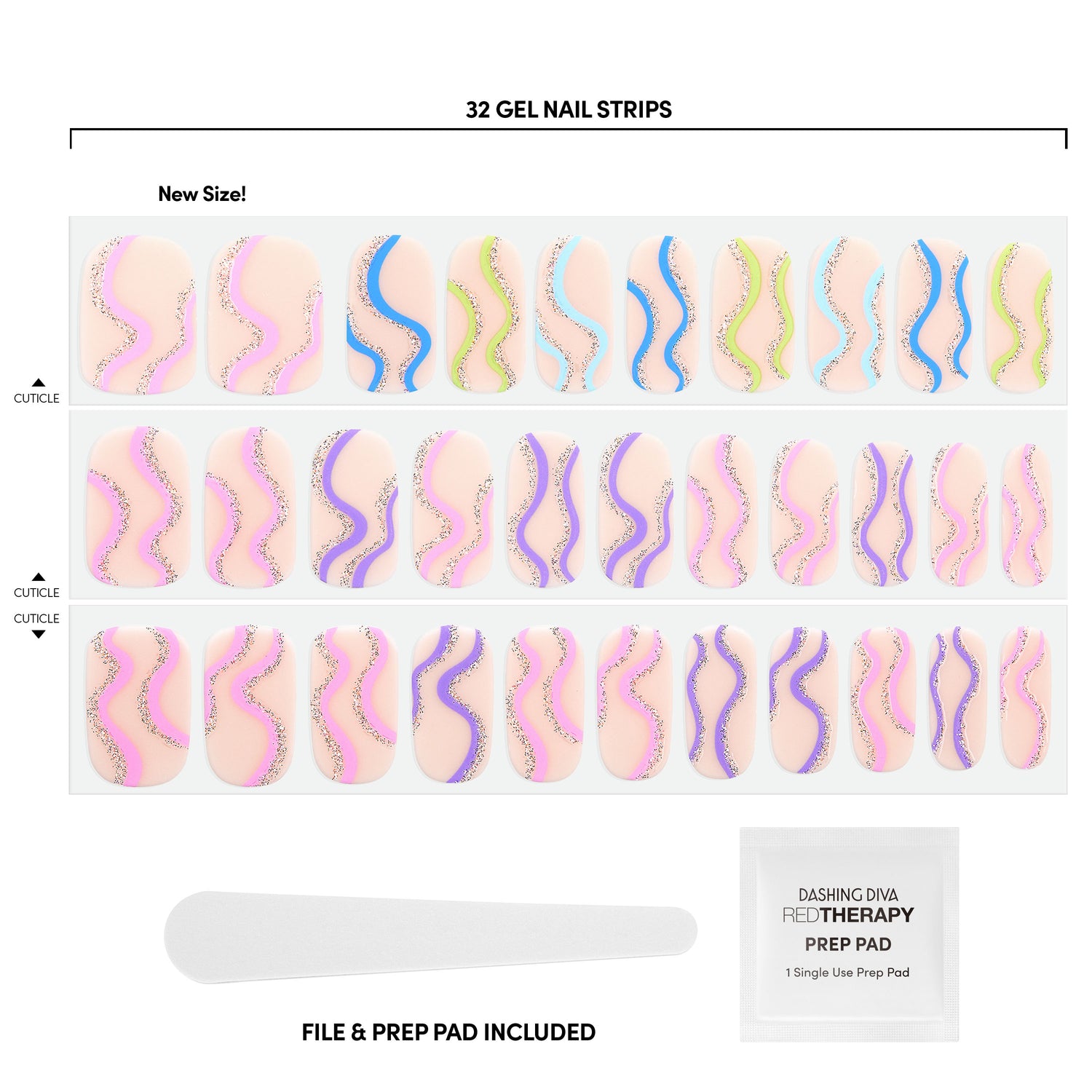  Nude nail strips featuring blue, pink, and green pastel waves with a glossy, high-shine finish.