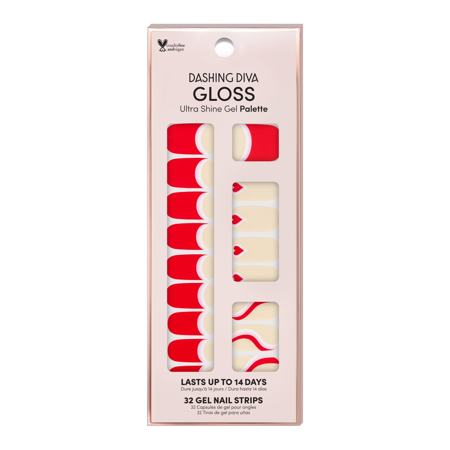 Gloss Nail strips: Red nail strips featuring an iridescent nude base with red French tips and swirl designs with a glossy, high-shine finish.
