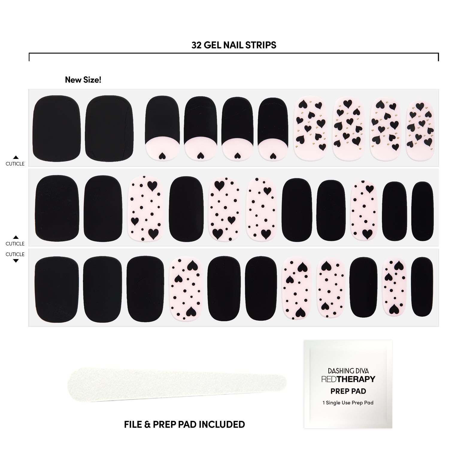 pink and black nail strips featuring a black French tip, fluttery hearts, and 3D gold detailing 