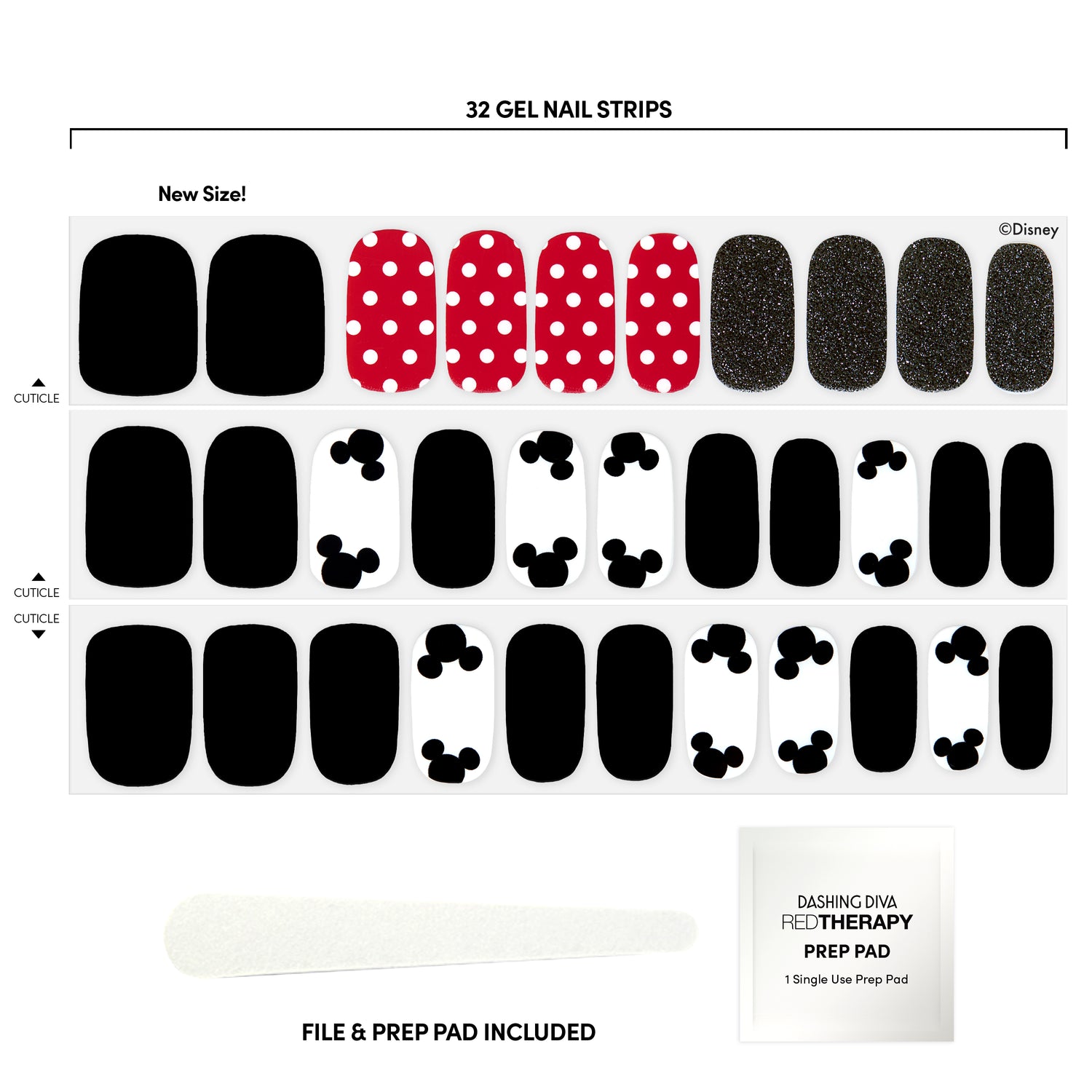 Black gel nail strips featuring red polka dots, mickey ears, and black glitter accents. Included Nail file, and red therapy prep pad  