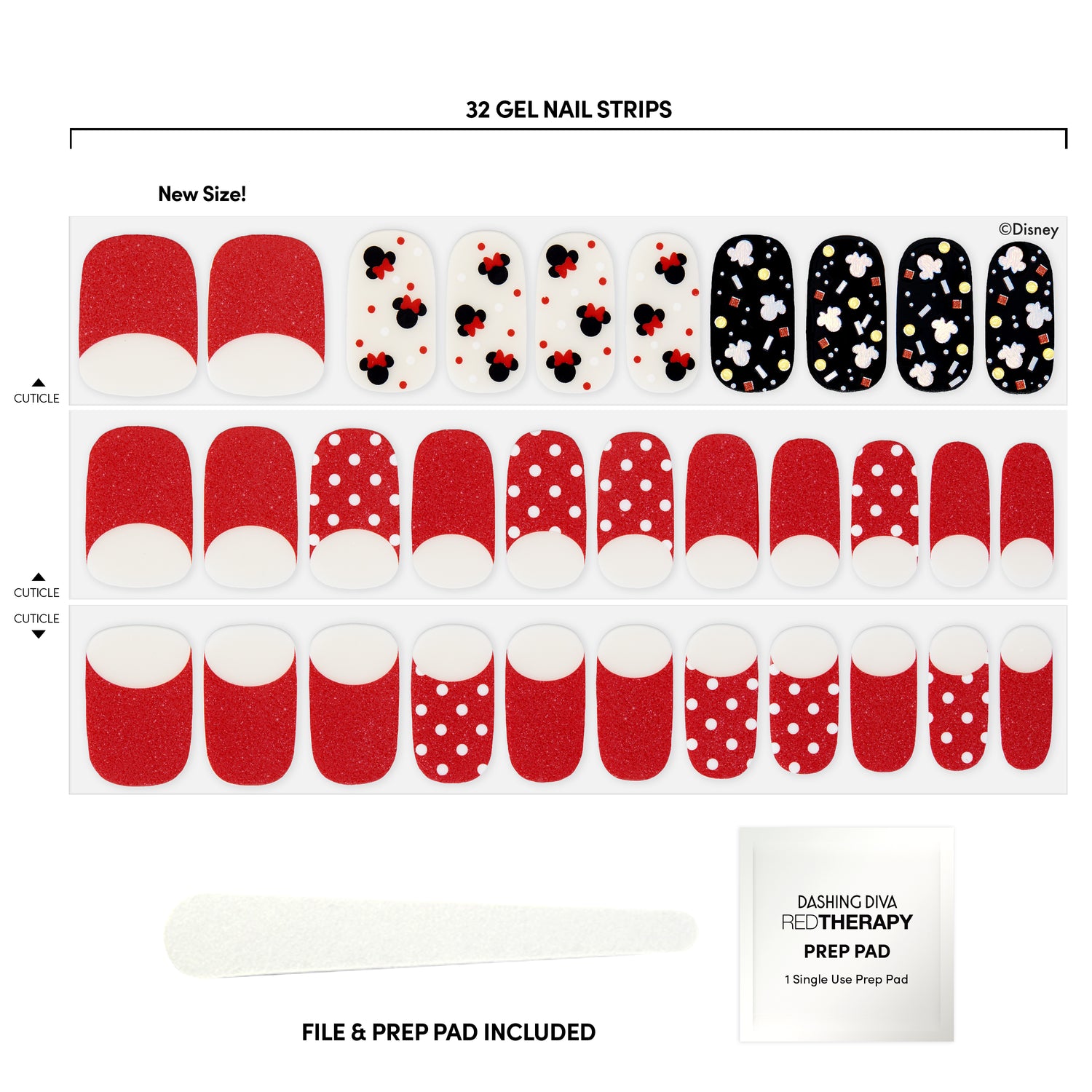 Red French gel nail strips featuring red and white polka dots, pink and black Mickey, and Minnie ears included nail file, and red therapy Prep pad