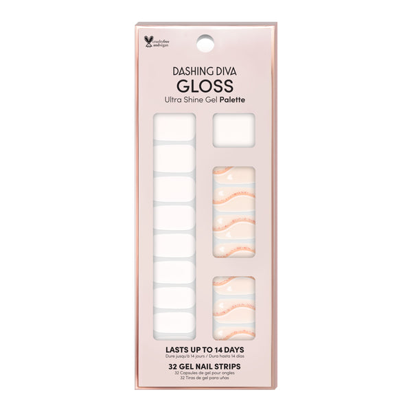 Soft white nail strips featuring heart accents and light pink & white swirls with a glossy, high-shine finish.