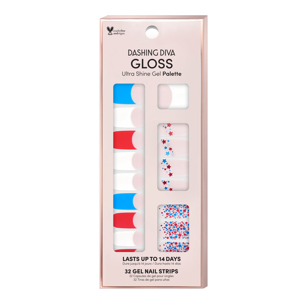 Clear nail strips featuring red, white, and blue french tips and confetti star accents with a glossy, high-shine finish.