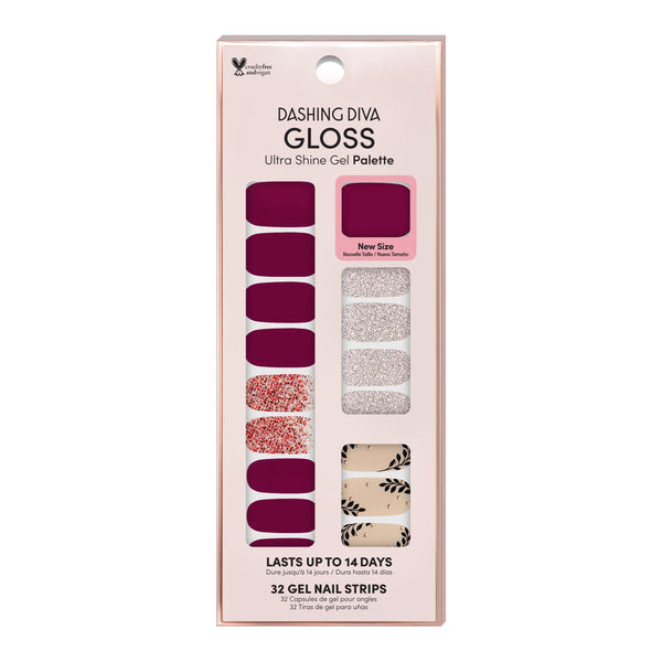 Dashing Diva GLOSS burgundy gel nail strips with floral and ombre glitter accents.