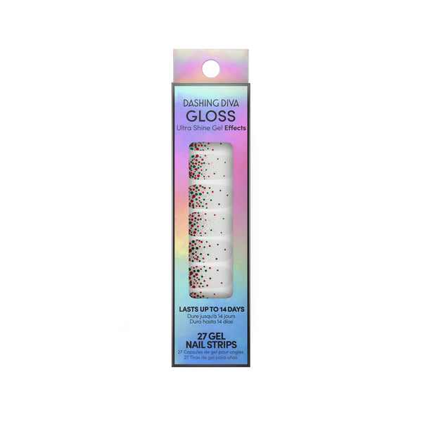Dashing Diva GLOSS Effects Holiday white gel nail strips with red, green, and silver confetti glitter.