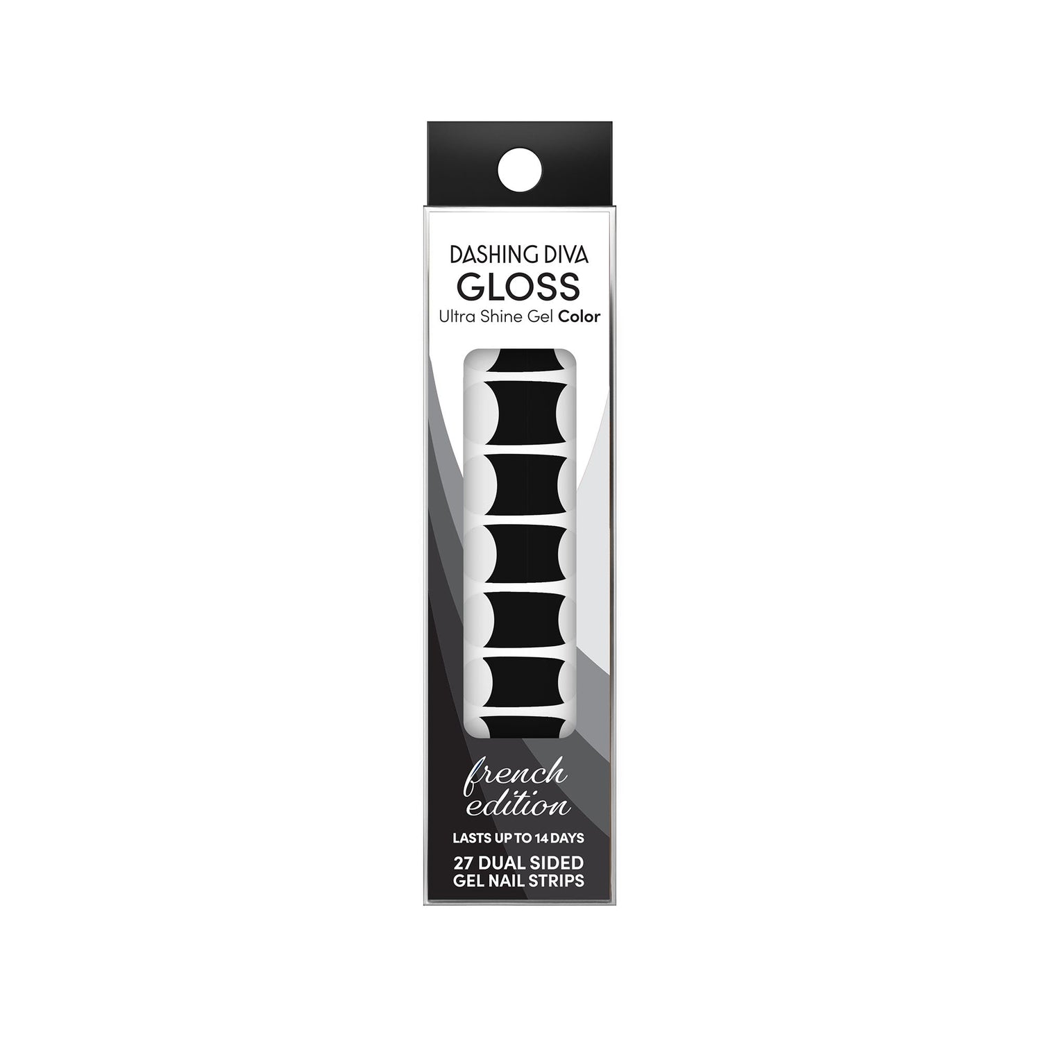 Dashing Diva GLOSS Color black French tip gel nail strips.