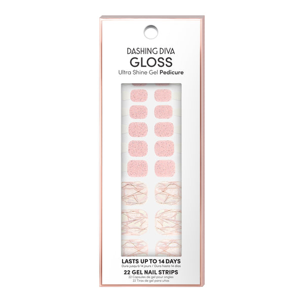 Dashing Diva GLOSS Pedicure glittered baby pink gel pedi strips with mosaic and gold glitter details.