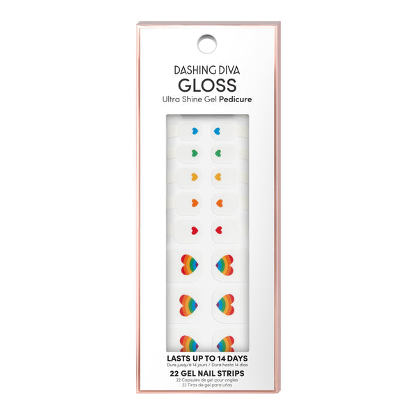 Dashing Diva GLOSS Pedicure white gel pedi strips with rainbow hearts. Pride Nails.