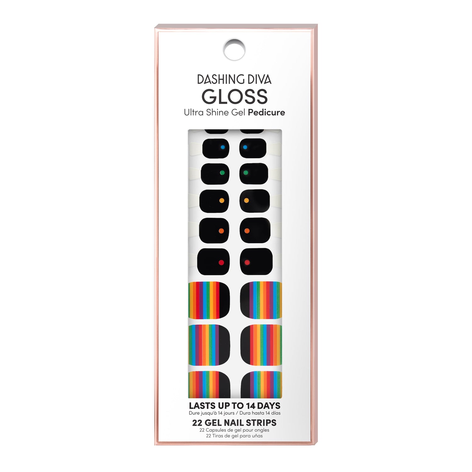 Dashing Diva GLOSS Pedicure black gel pedi strips with rainbow Pride details.