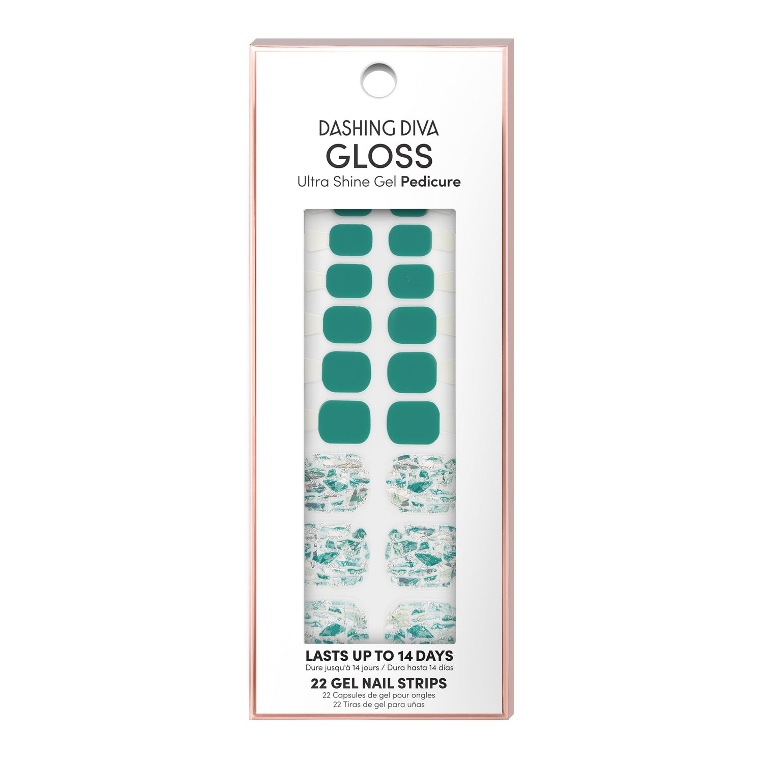 Dashing Diva GLOSS Pedicure emerald green gel pedi strips with shattered glass accents.