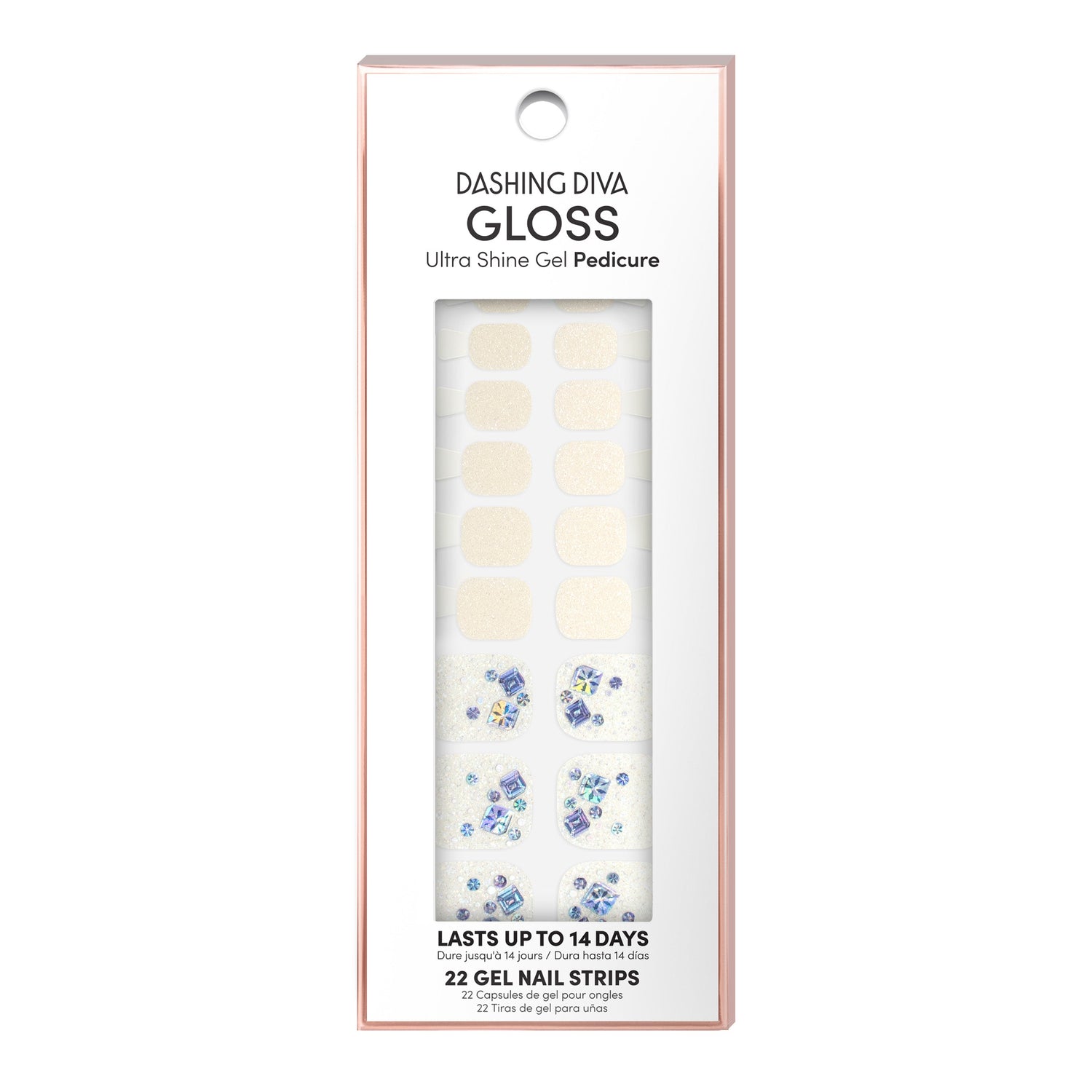 Dashing Diva GLOSS Pedicure neutral glitter gel pedi strips with blue jewel accents.